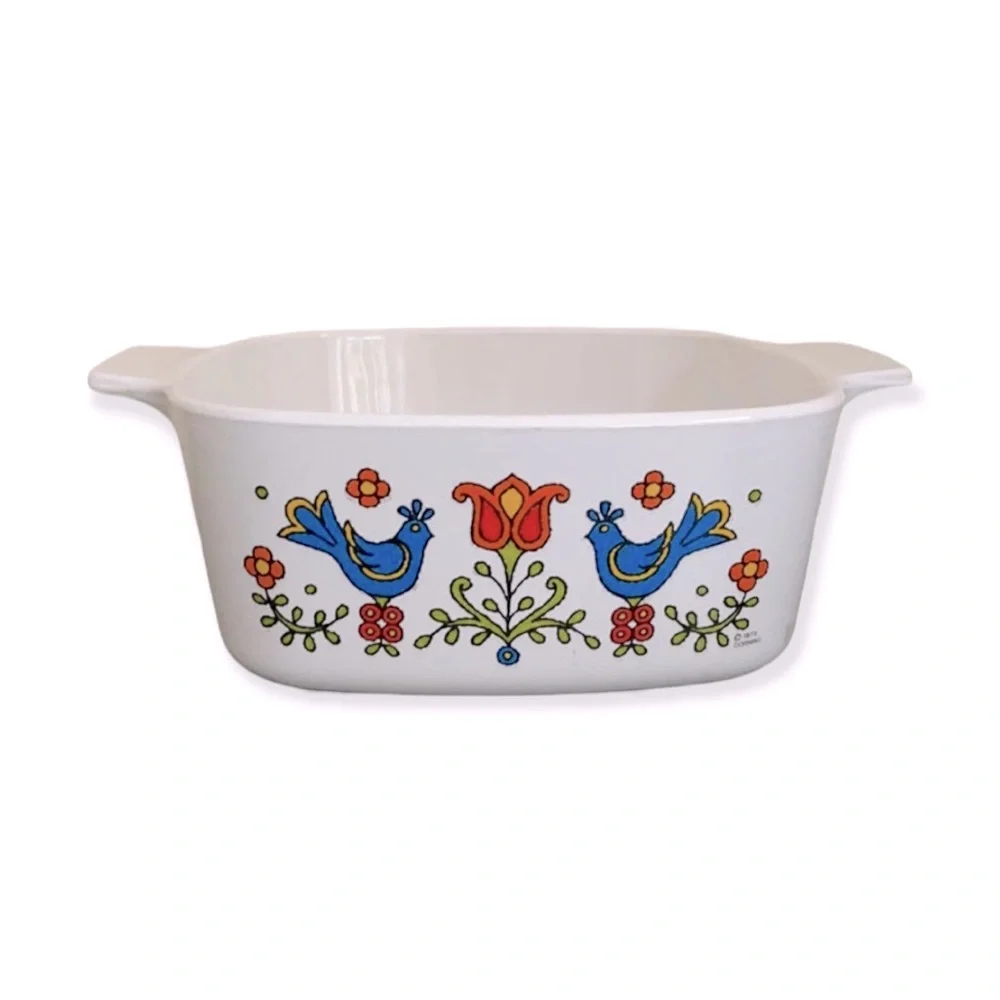 Vintage 70s Corningware Country Festival Baking Dish - birds floral friendship